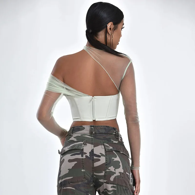 2023 sommer Mode Heißer Verkauf Neue Elegante Sexy Sheer Mesh Patchwork Rohr frauen Top