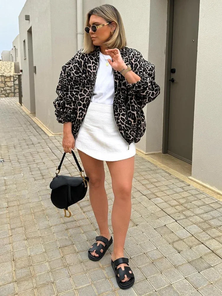 

Women Vintage Leopard Printing Zipper Short Coats Fashion Long Sleeve Round Neck Pocket Jackets Autumn High Street Outerwear New