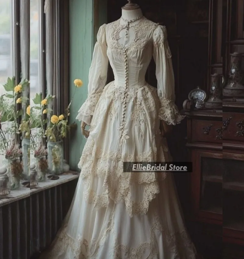 Vintage viktorianische Brautkleider mit langen Ärmeln, abgestuft, elegant, historisch, Halloween, A-Linie, Spitze, Brautkleider, individuell gestaltet
