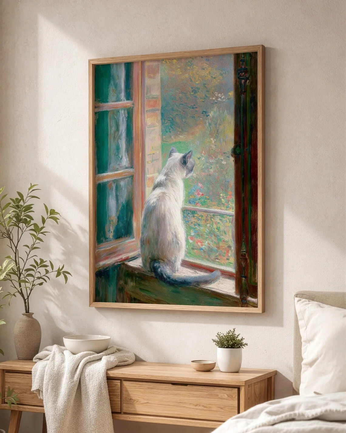 Monet Inspired Siamese Cat Window Wall Print - Impressionist Oil Painting of a Siamese Cat Gazing at a Garden, Green French Wind - view 5