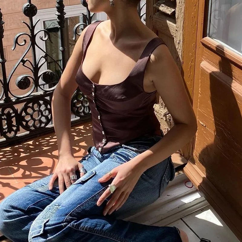 Women's Square Collar Svel Bal Vest Button Detail Cross-Border Faion Early Autumn Top ort Pure Color Slim Fit