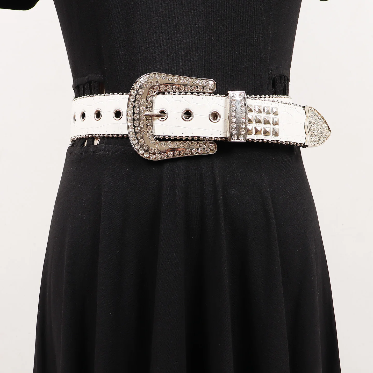 Silver Rhinestone Buckle Adjustable Jeans Strap Belts Y2K PU Leather Rivet Studdet Belts Women Men Punk Cinturones Para Mujer