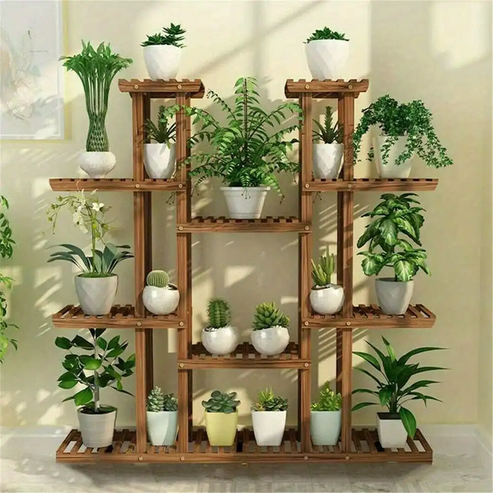 Carbonized XXL Multi Tiered Plant Stands Indoor Wooden Flower Pot Garden Shelves