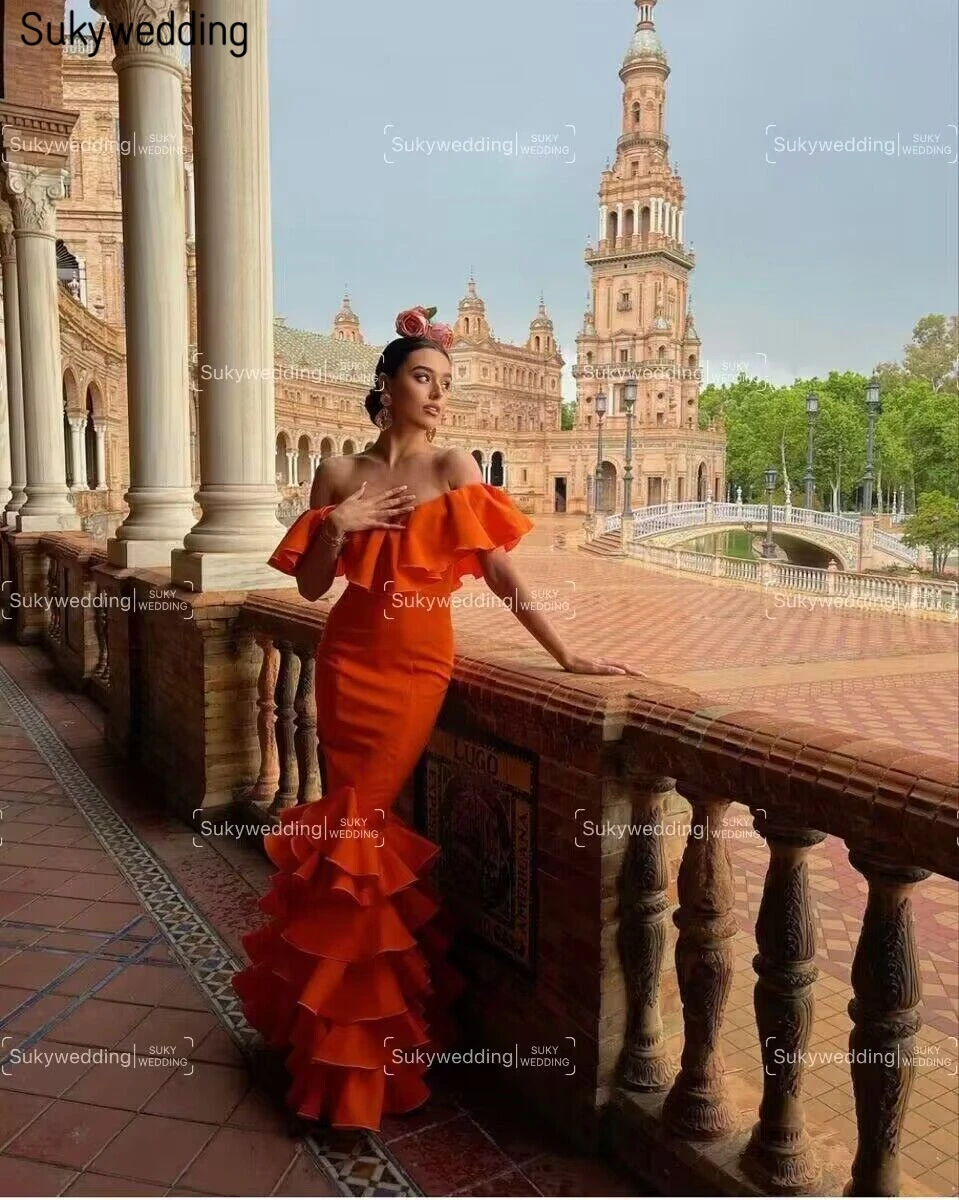 Red Mermaid Flamenco Prom Dresses Ruffles Tiered Skirt Off the Shoulder Dancing Spain Trumpet Evening Occasion Gown