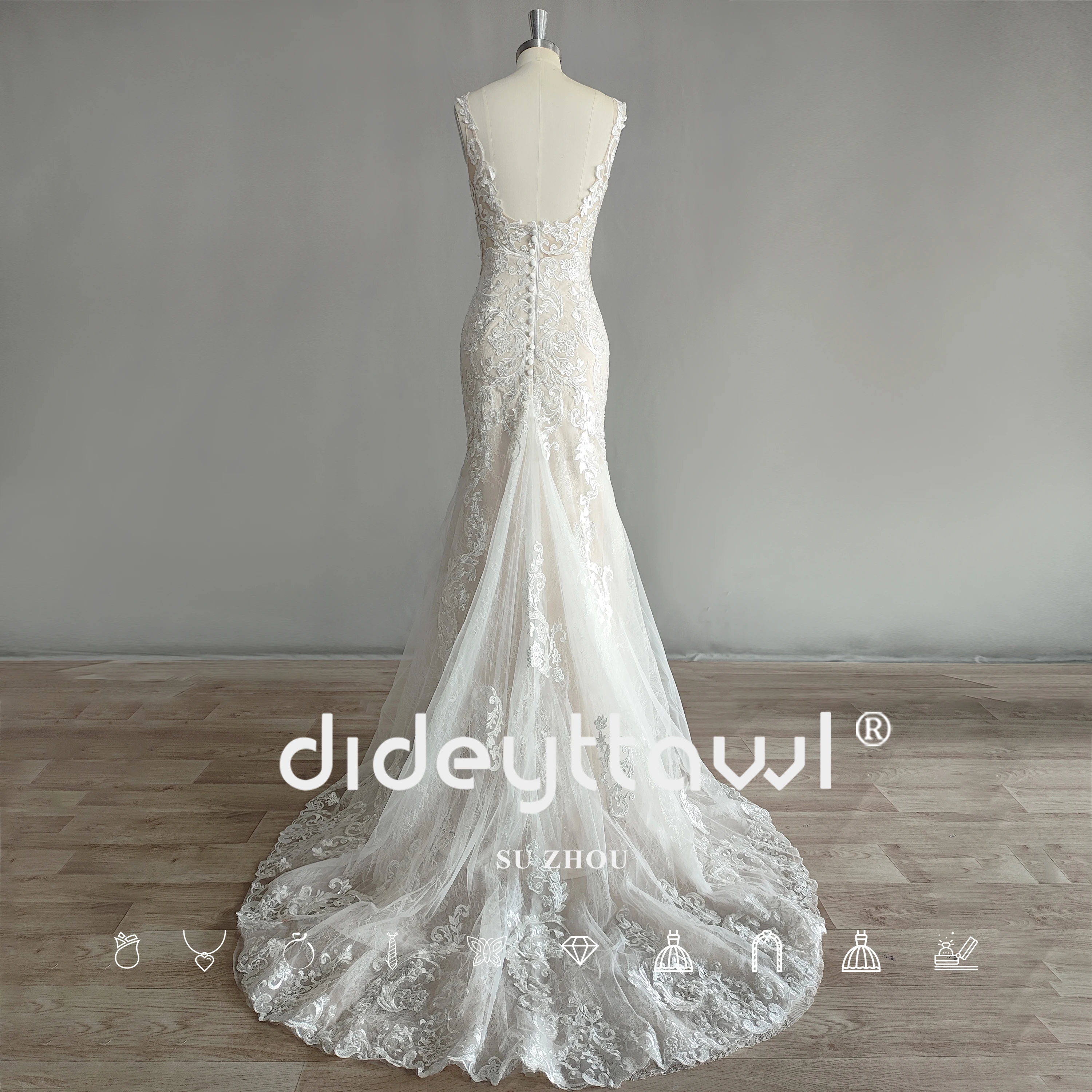 DIDEYTTAWL Real Picture Sleeveless O Neck Tulle Mermaid Wedding Dress Lace Appliques Open Back Bridal Gown Custom Made