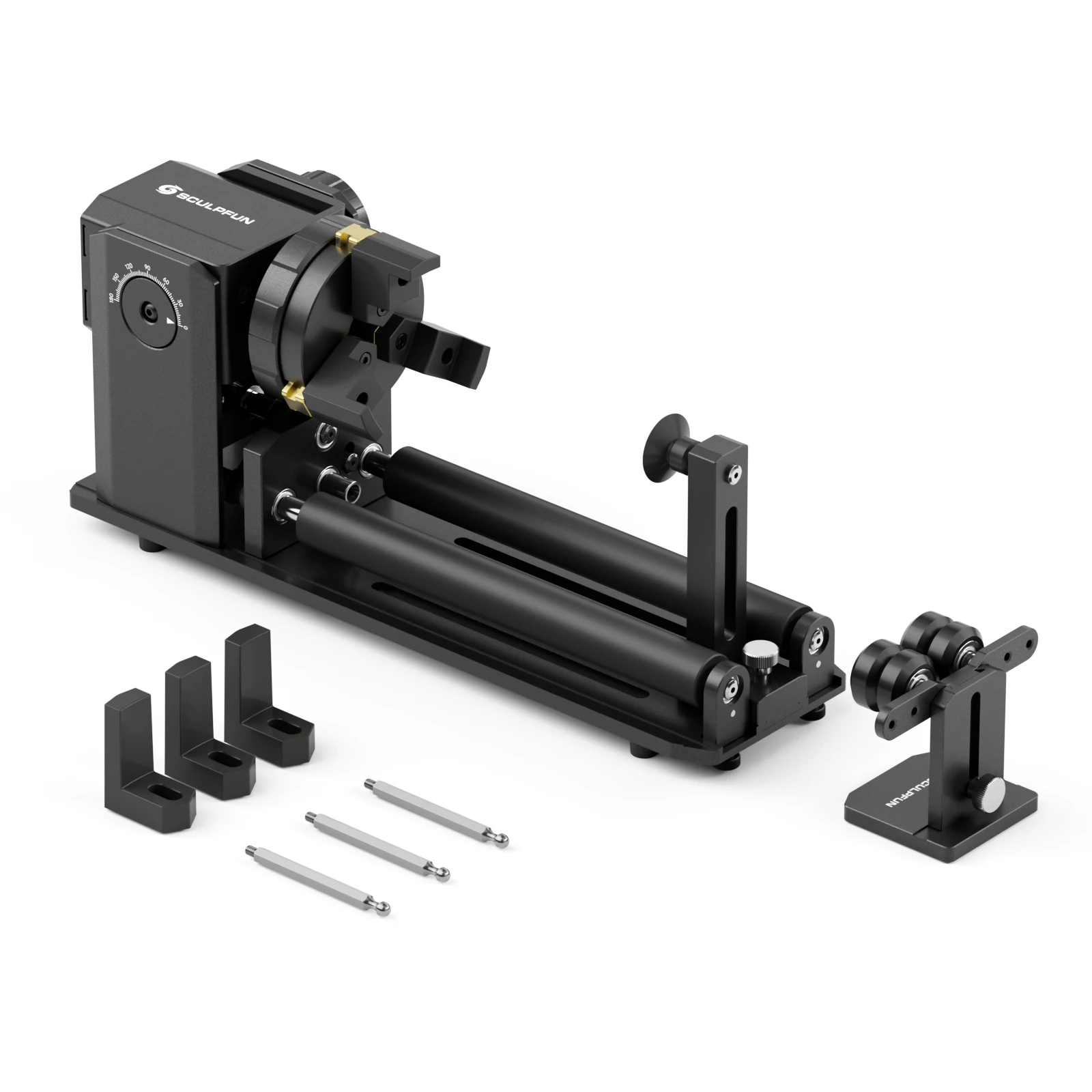 SCULPFUN RA Pro Max 4 in 1 Rotary Chuck for Laser Engraver, Y-axis Rotary Roller Engraving Module with 180° Adjustable Angle