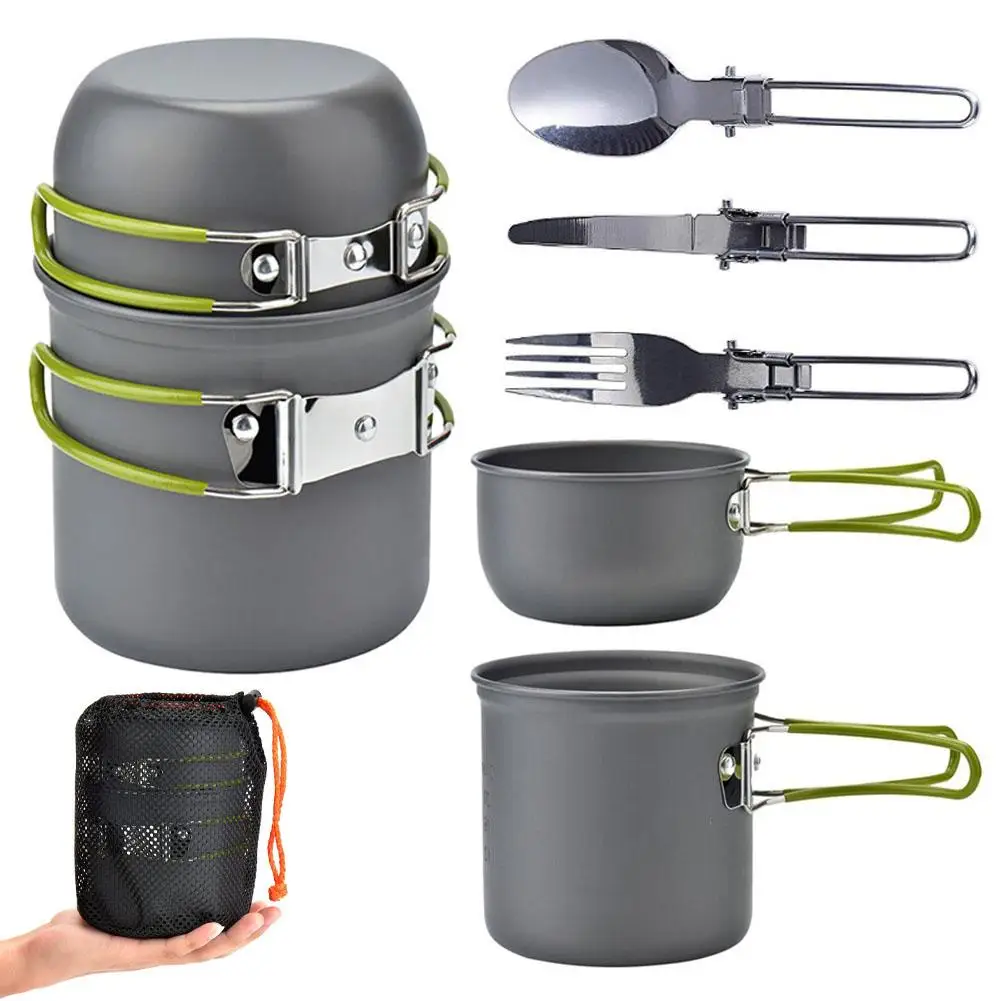 

Outdoor Portable Folding Pot Set With Tableware Aluminum Alloy Camping Picnic Barbecue Pot For 1-2 People