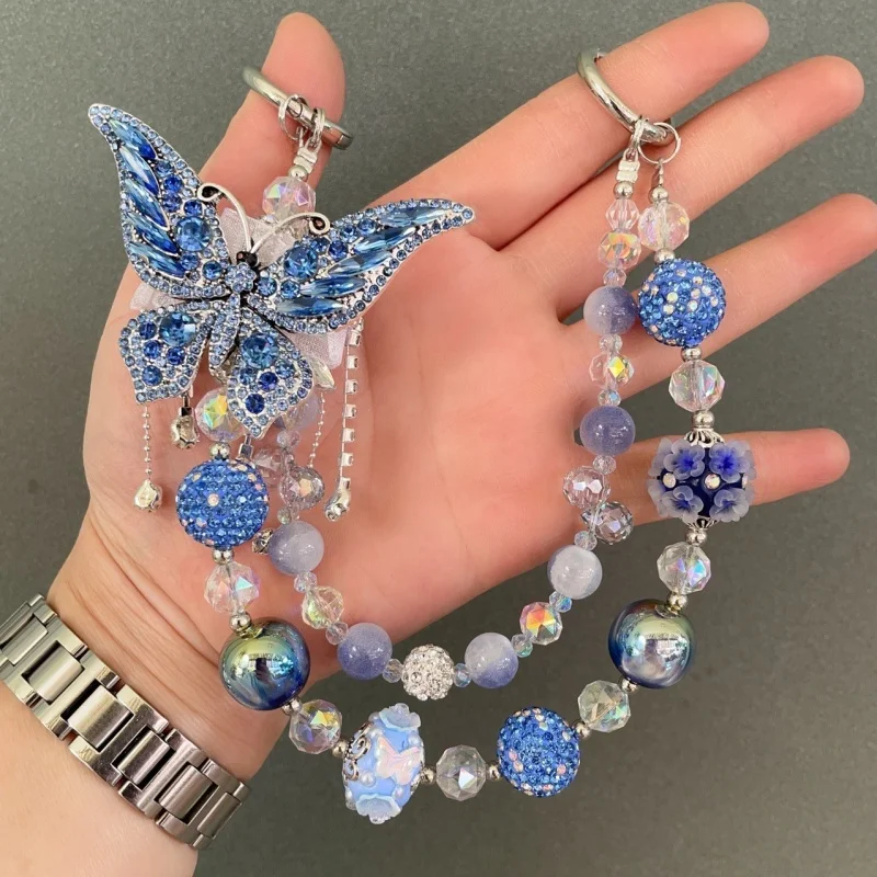 Double-Layer Round Beads Butterfly Dragonfly Bag Charm Fashionable Ladies Hand Bag Pendant Luxury Accessories Mobile Phone Chain