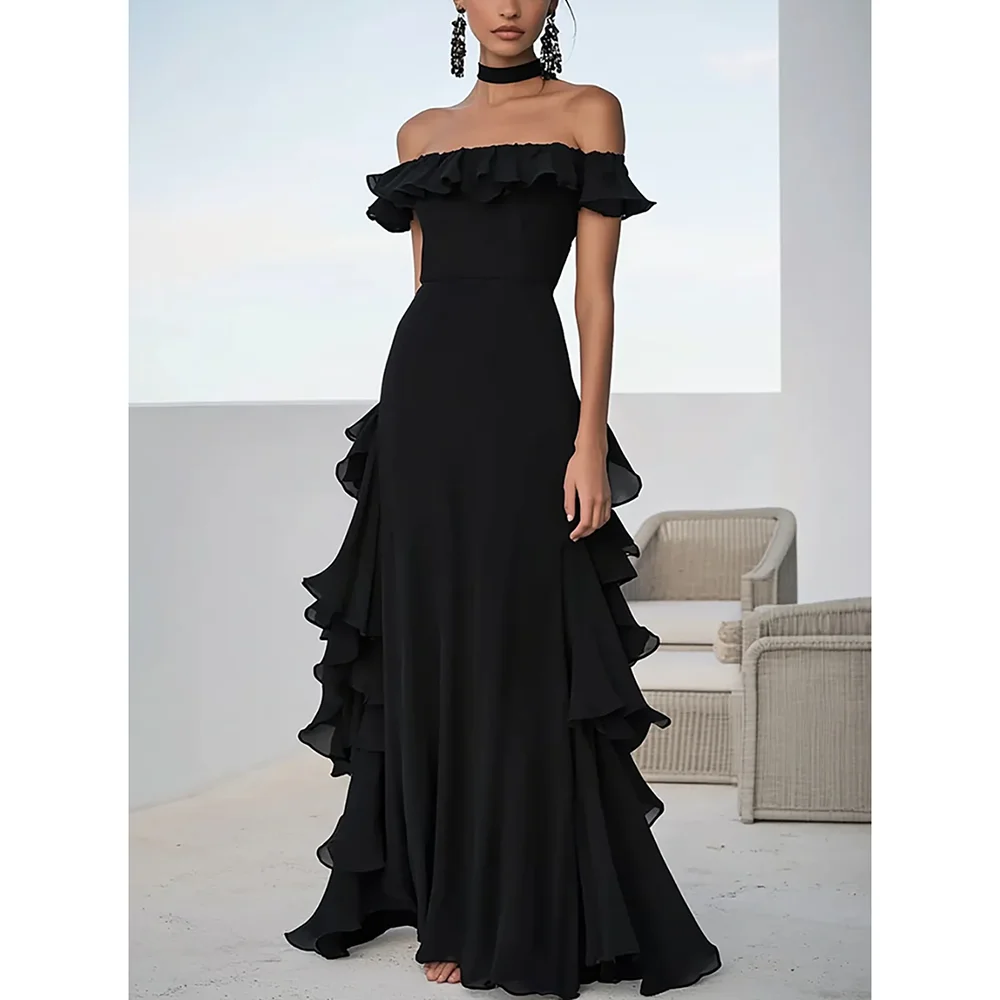 

Elegant Black Off-the-shoulder Floor Length Evening Party Dresses Hand Pleat A-Line Banquet Dresses Chic Prom Gowns