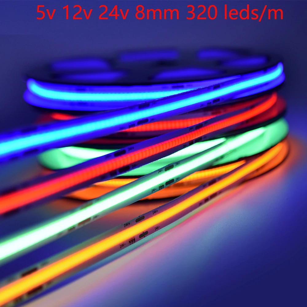 

Dimmable 5V 12V 24V 8mm COB LED Strip 320leds/m Red Green Blue Pink Flexible Soft Tape Car Cabinet Mirror Dance Party KTV Bar