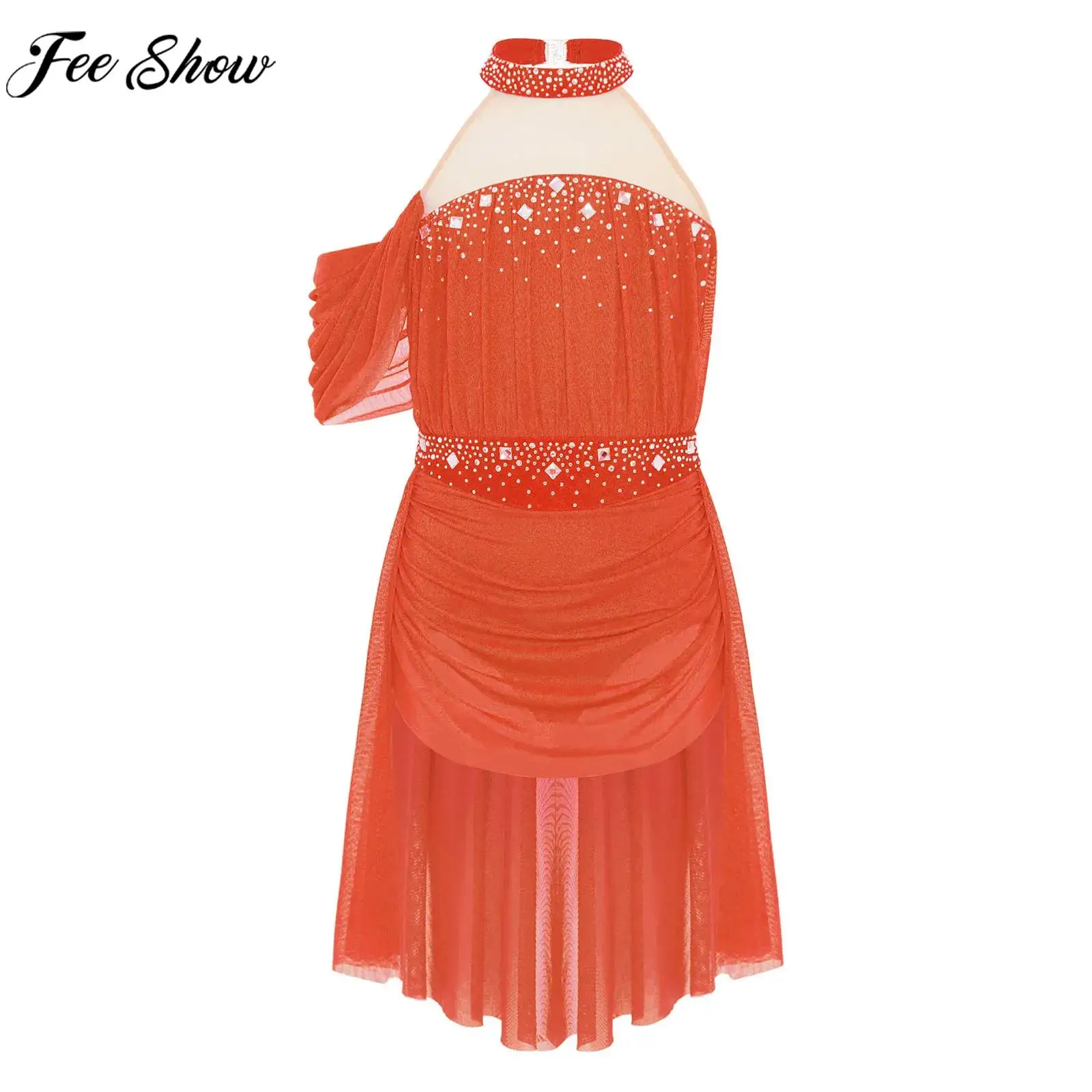 أطفال بنات الشكل التزلج الحديثة فستان رقص غنائي بلا أكمام لامعة الراين بقماش شفاف يوتار للجمباز البهلوانية