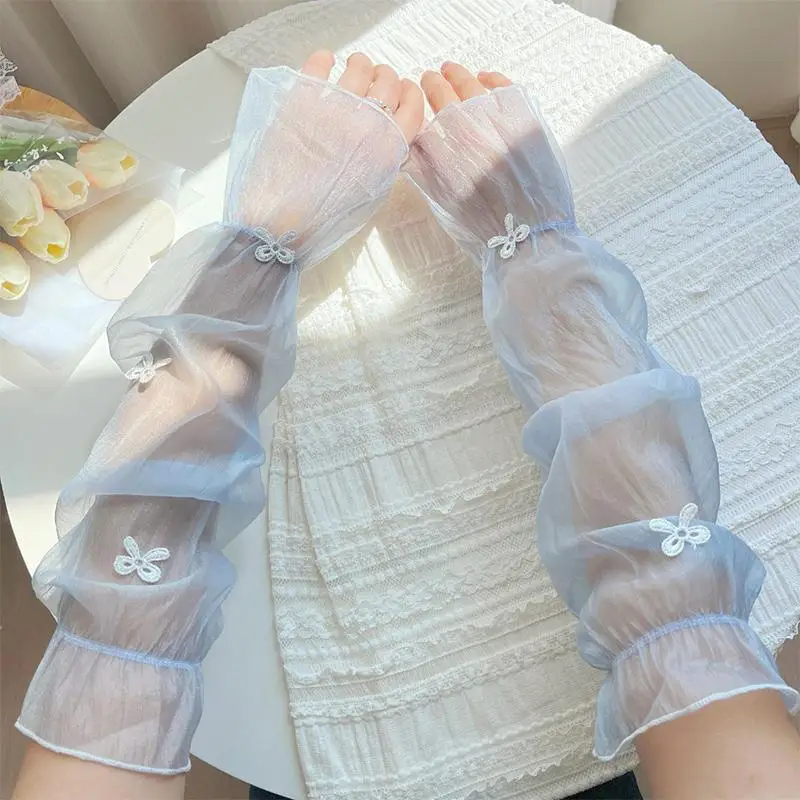 New Women Bow Ice Silk Sun Protection Sleeves Outdoor Fashion Loose Lace Arm Sleeves Accessories