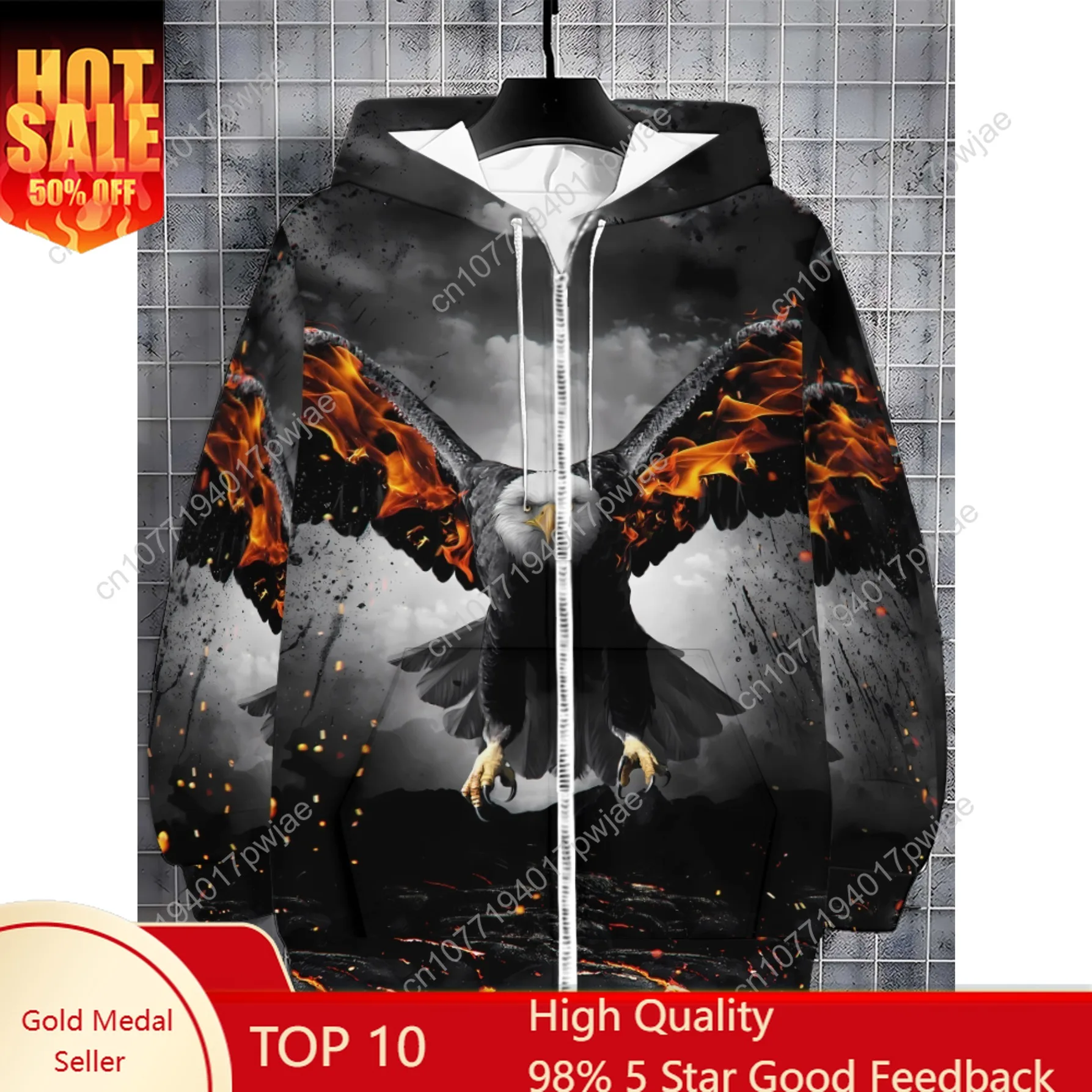 Moletom masculino com zíper Fiery Eagle, poliéster durável, leve e elegante, moletom com capuz gráfico em negrito, ajuste confortável, para viagens em academia ou