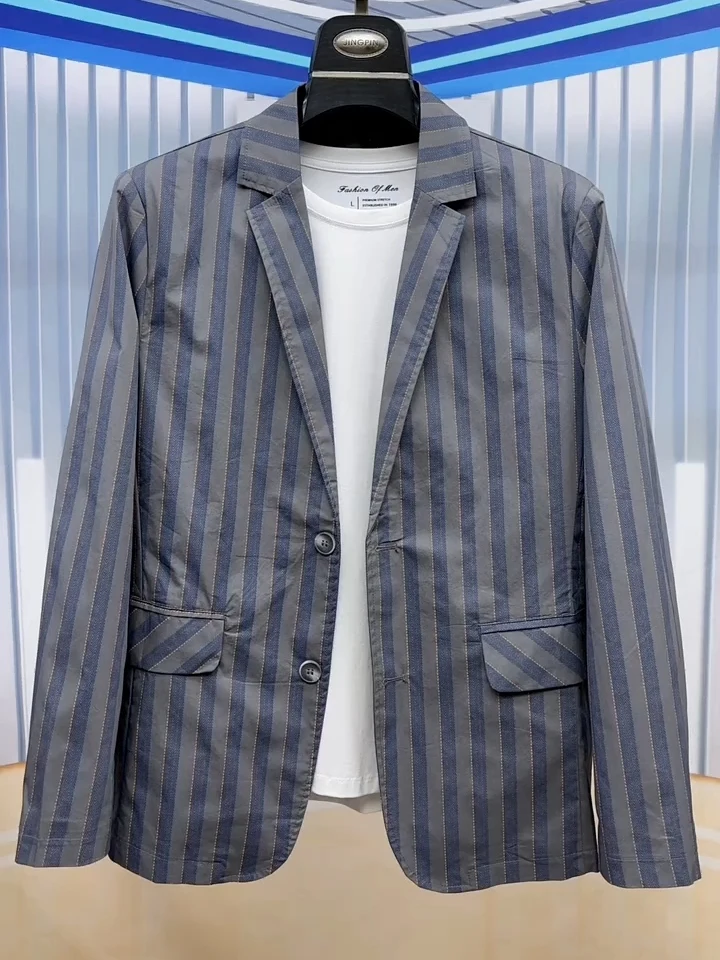 

Spring Autumn Men's Casual Faionable Versatile Lightweight Striped Thin Suit Top Busin European Sle Haome Look