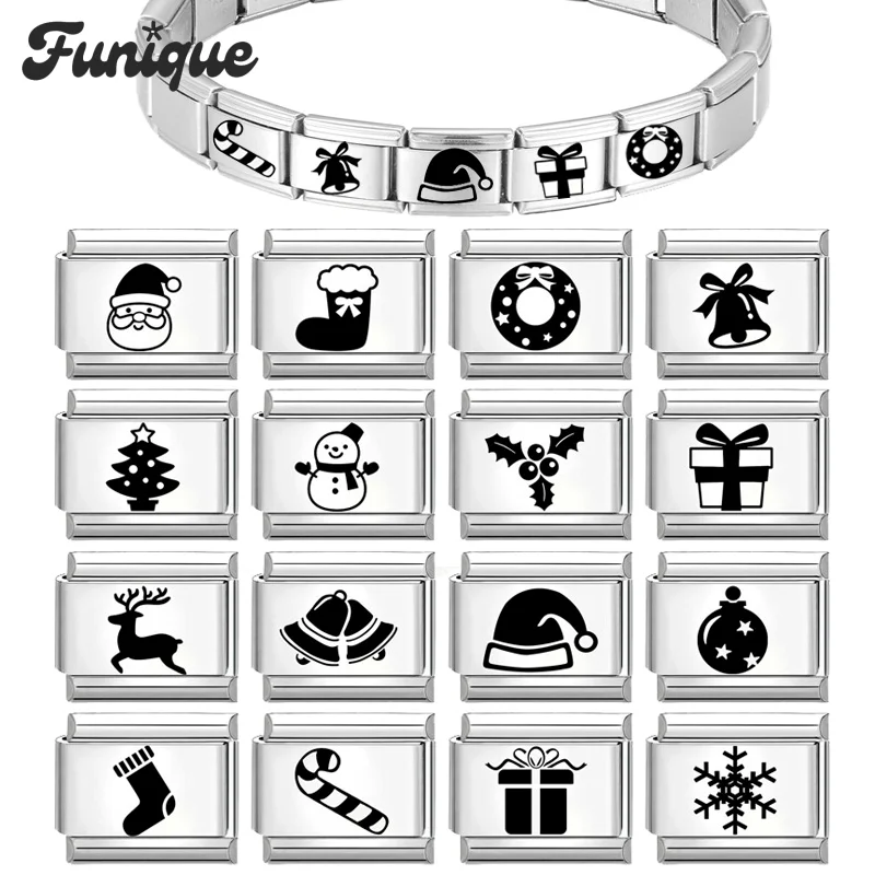FUNIQUE-muñeco de nieve con campanas de árbol de Navidad, copos de nieve, dulces, dijes italianos, eslabones compatibles con pulsera de acero inoxidable de 9mm, fabricación de joyas DIY
