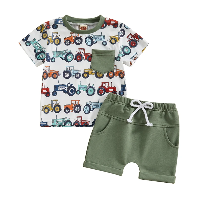 Toddler Baby Boy Farm Outfit Tractors Print Short Sleeve T-Shirt Tops and Drawstring Shorts Set 2Pcs Summer Clothes