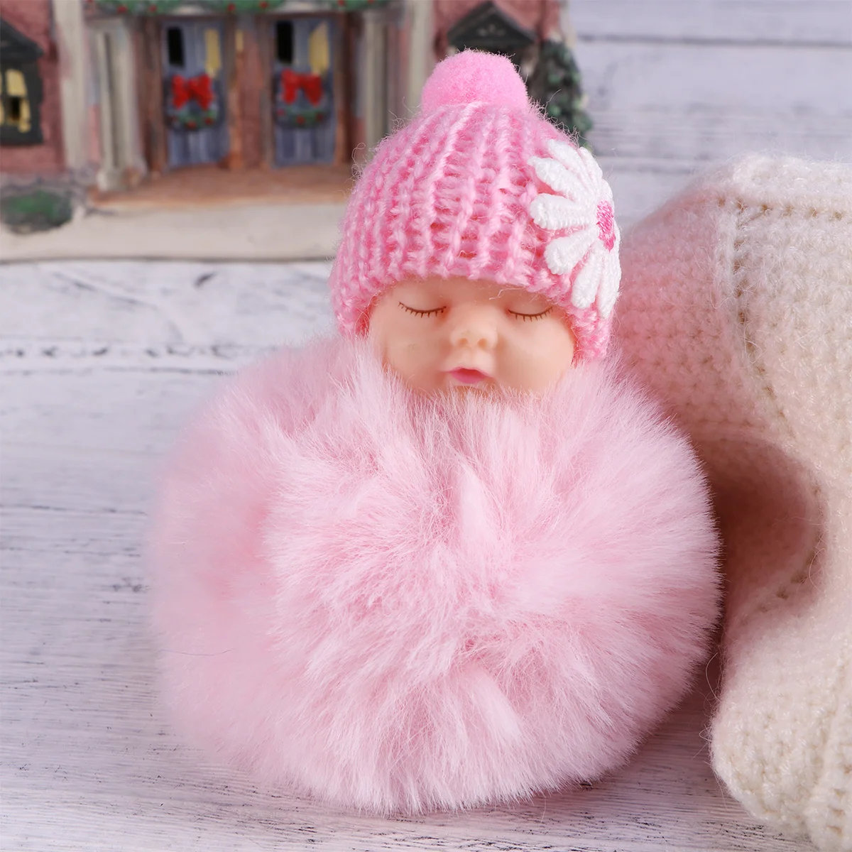 

Sleep Ball Pompom Key Chain Light Pink Charming Cute Bag Key Ring Pendant for Women Gift Halloween Christmas