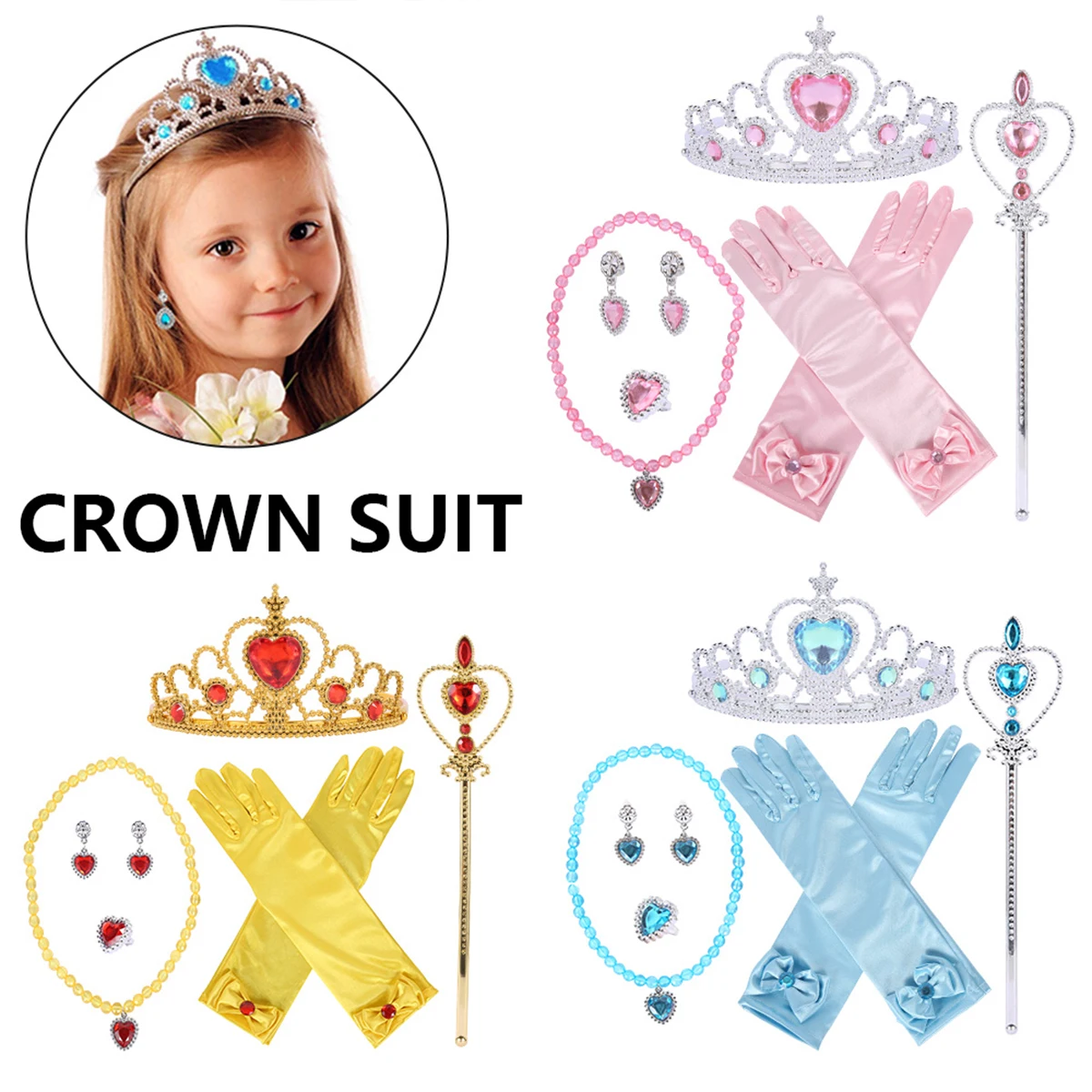 6pcs/Set Princess Jewelry Christmas Celebration Party Dressing Crown Scepter Ring Necklace Cosplay Accessory Girl Birthday Gift