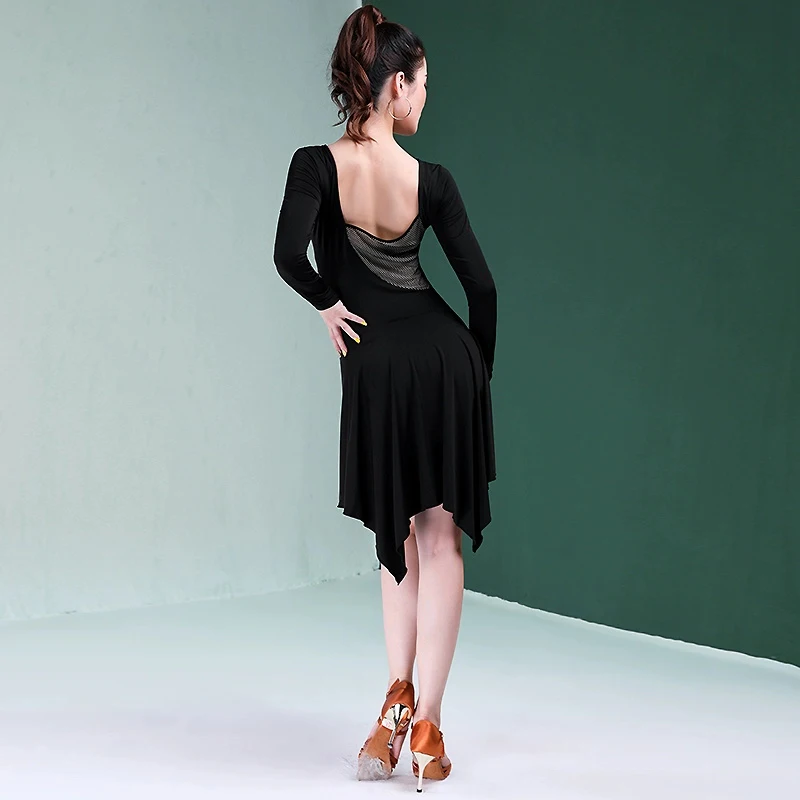 Latin Dance Clothing Adult Spring New Dance Training Dress Women Sense Slim Long Sleeve Performance Dress Irregular Dress