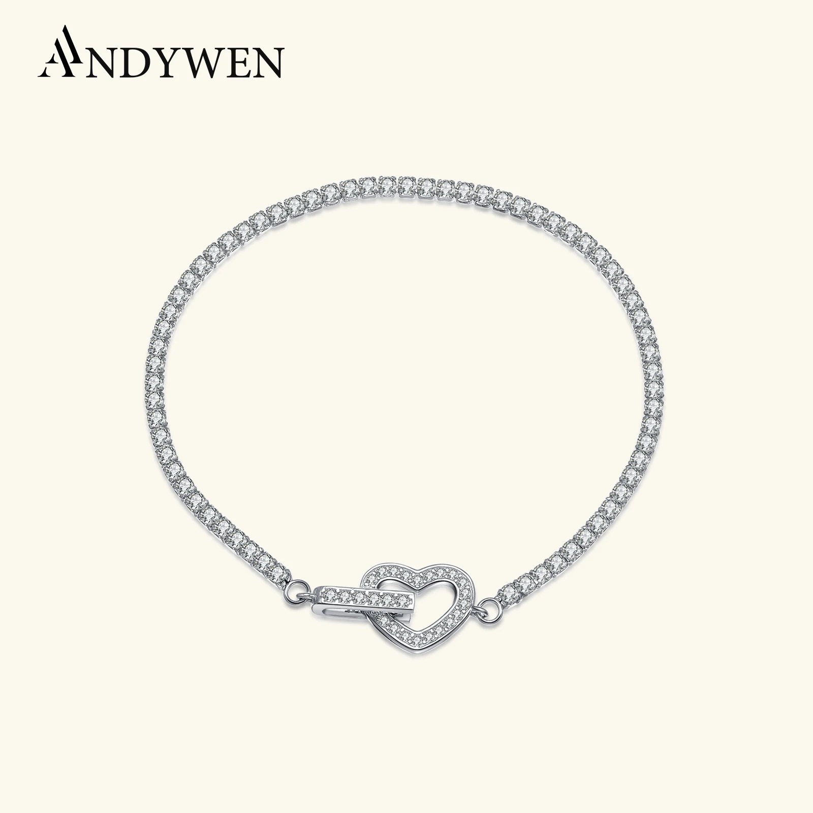

ANDYWEN Women 925 Sterling Silver Heart Lock Bracelet CZ Zircon Luxury Fashion Sparkle Jewelry Elegant Gift for Girlfriend Wife