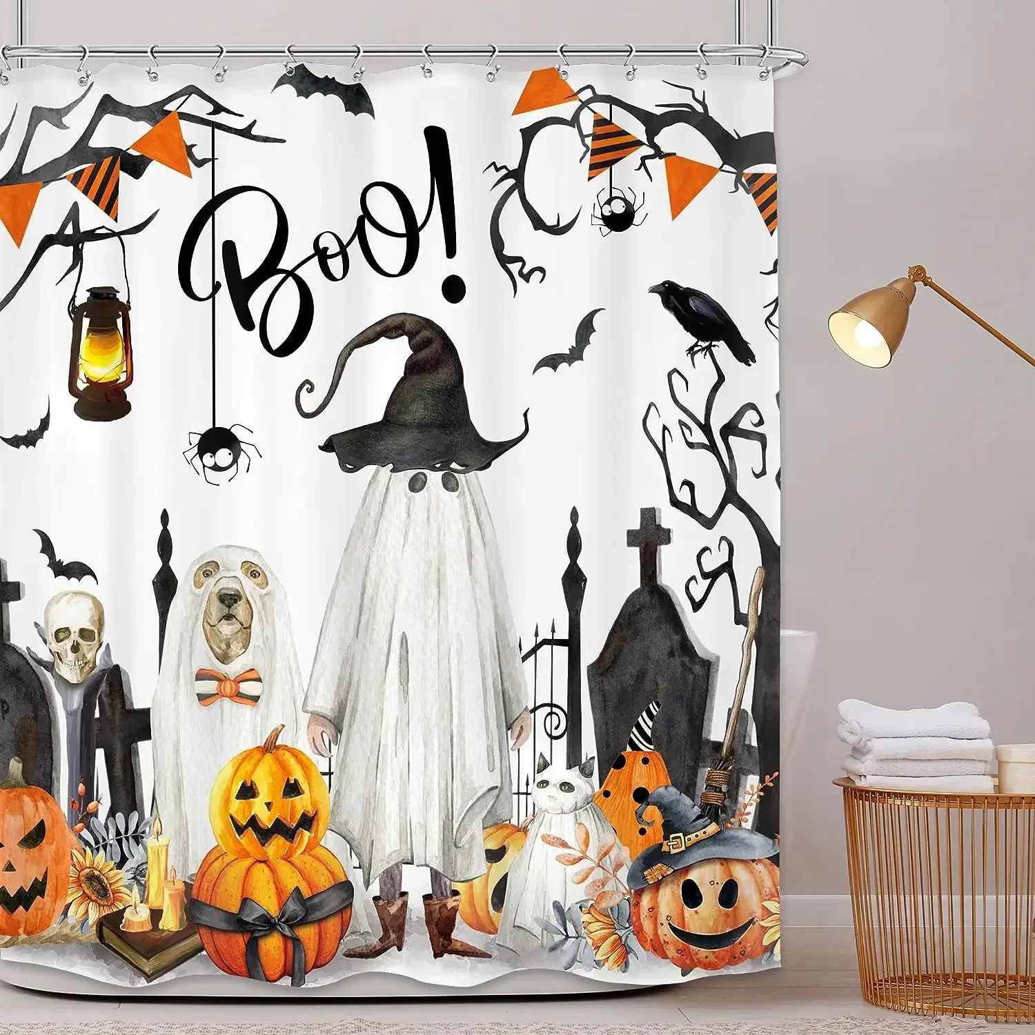 Funny Halloween Shower Curtains Cute Cartoon Ghost Cat Dog Kids Pumpkin Black White Autumn Tombstone Lamp Skull Bathroom Decor