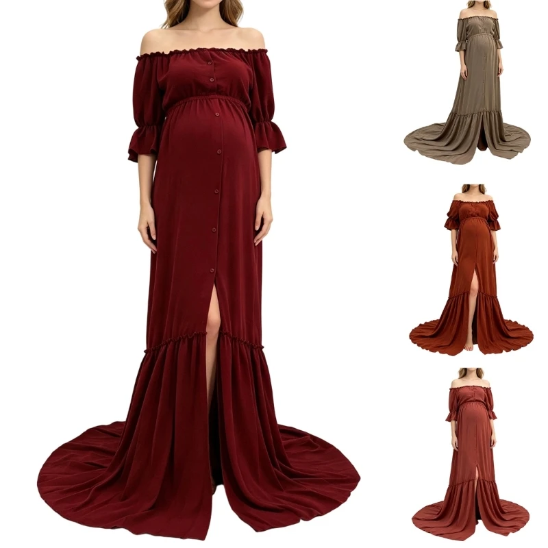 maternity-maxi-dress-for-women-off-shoulder-puff-sleeve-waist-button-front-ruffle-trim-casual-long-dress