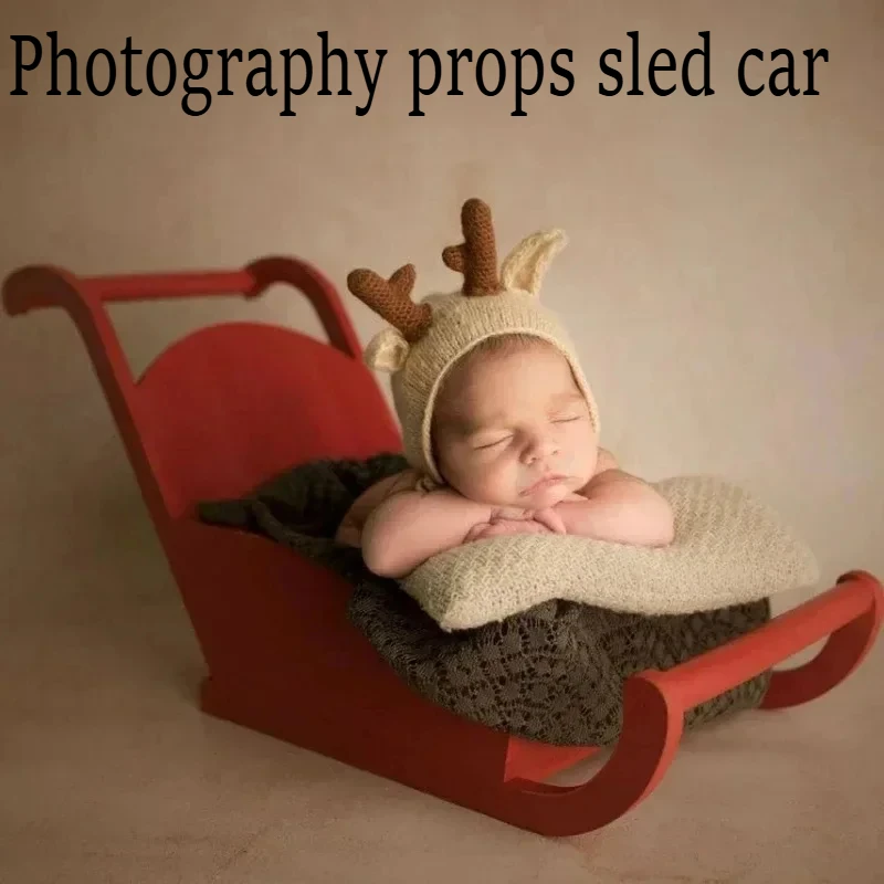 Newborn Photoshoot Props Infant Christmas Red Sleigh Cart Tool Disassembly Wooden Backdrop Bed Posing Baby Shooting Accessories