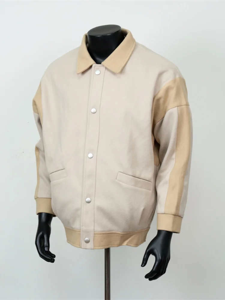 

Мужское шерстяное пальто весна-осень 2025: Новинка, крутой американский ретро-стиль, с воротником-пэчворк, свободный крой, универсальное для всех сезонов