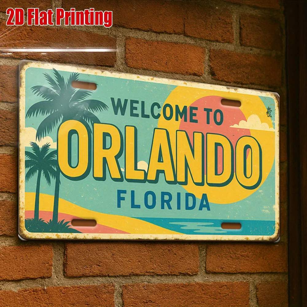 مسطح ثنائي الأبعاد، لوحة ترخيص ألومنيوم قديمة واحدة - مرحبًا بكم في مشهد غروب الشمس أورلاندو فلوريدا، مناسب لغرف الألعاب، ومنازل العطلات