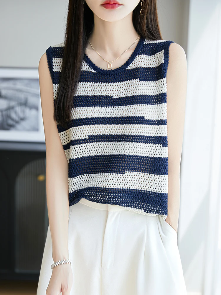 

Women Linen Openwork Striped Sleeveless T-shirt Summer Cool Tank Tops Crew Neck Light Breathable Anti-wrinkle Knitted Vest