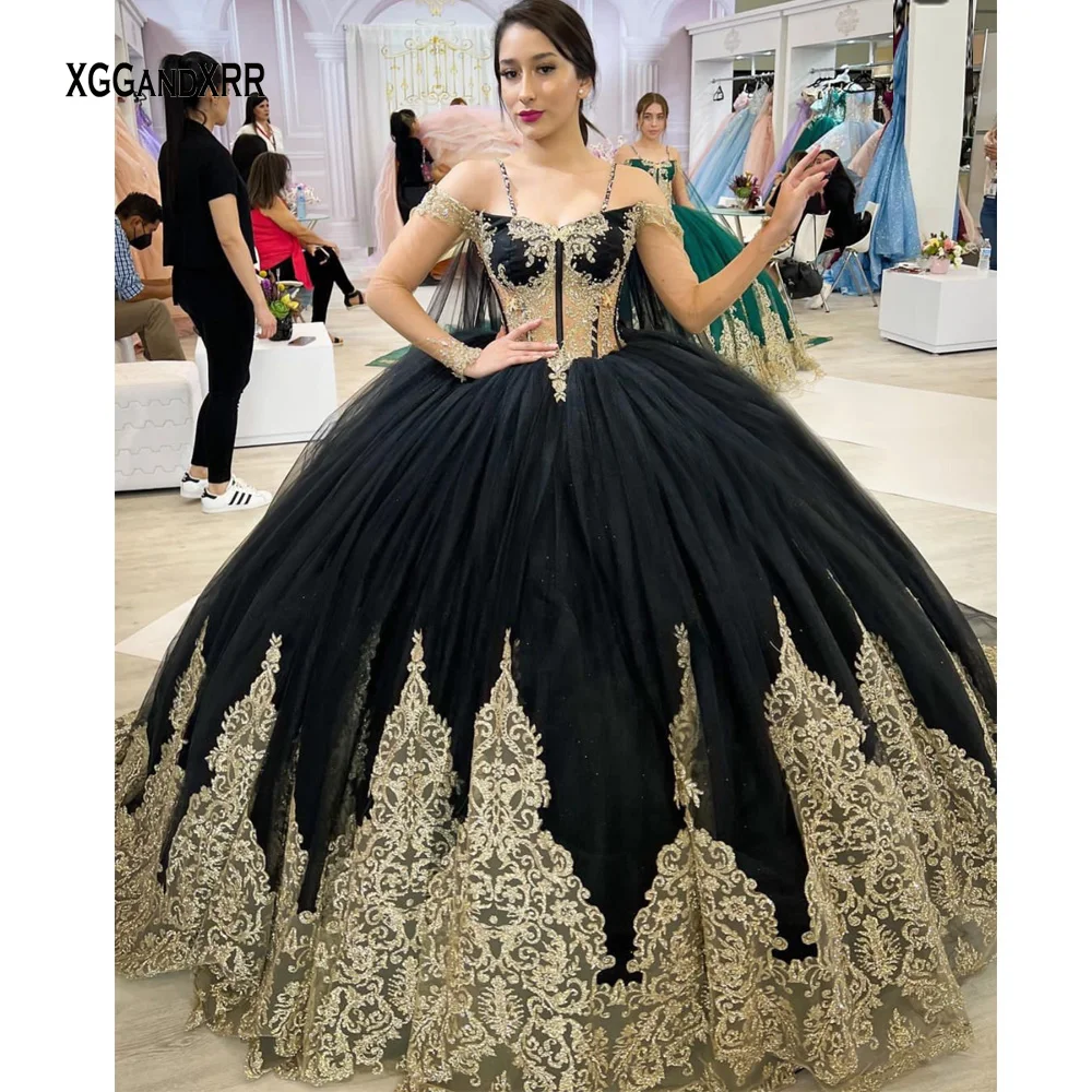 New Black Quinceanera Dresses 2024 with Cape Long Train Golden Lace Applique Ball Gown Sweet 16 Dress Vestido De 15 Anos