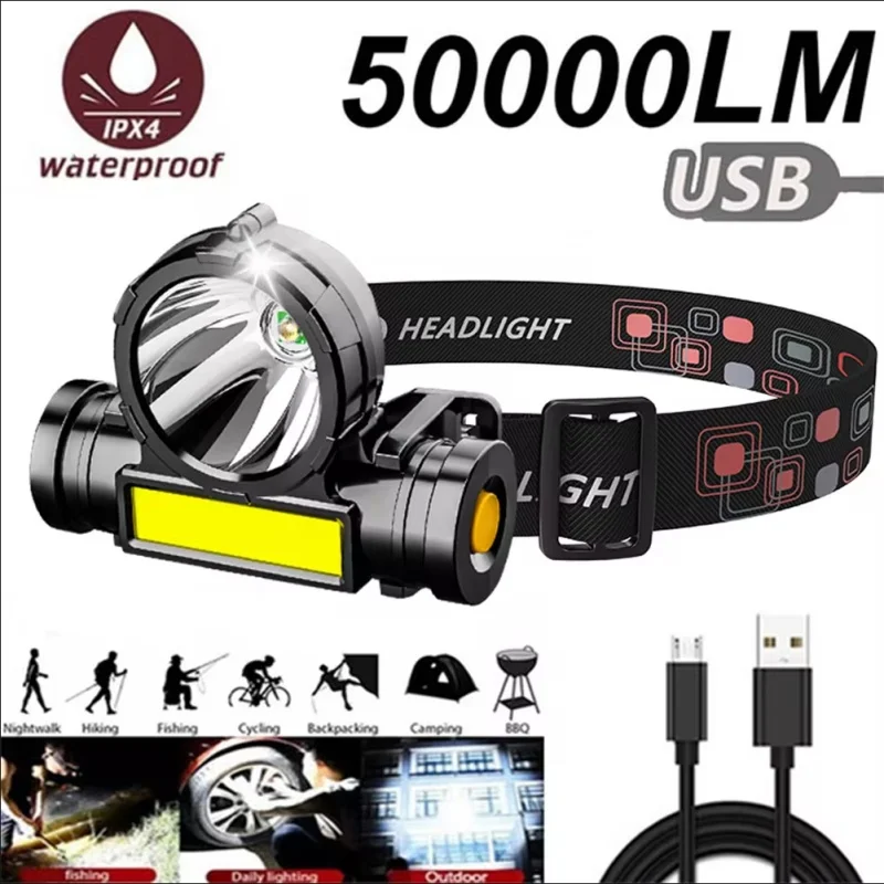 Super Rechargeable Headlight Cob Rechargeable Head-mounted Flashlight Led Fishing Waterproof Rechargeable Strong Headlight