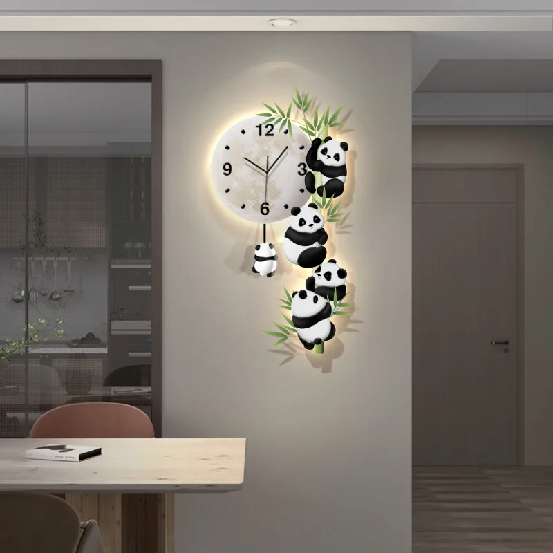 Living room panda swing wall clock decorative painting TV background wall creative led clock wall dining room clock hanging