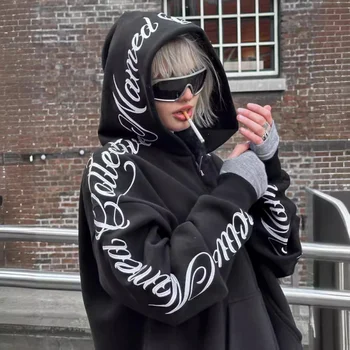 남녀공용 레터 자수 프린트 카디건 코트, 루즈한 지퍼 후드, 풀오버, 유럽 및 미국 패션