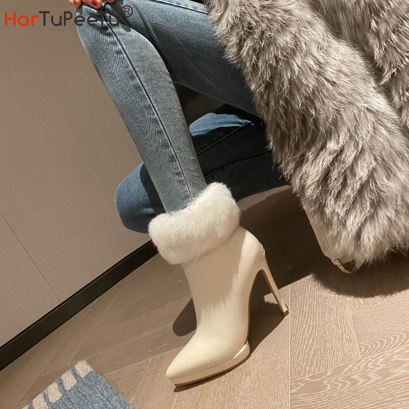 Classic Black White Ankle Boots with Rabbit Fur Women 2024 Autumn Winter Stiletto Shoes Warm Plush Thin High Heels Booties