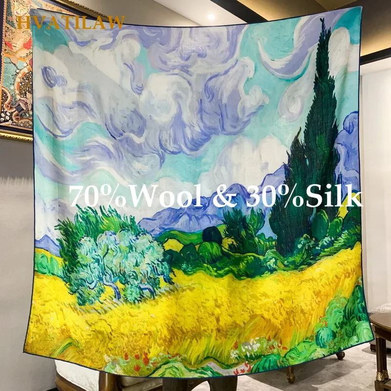 New 70% Wool 30% Silk Vintage Square Scarf 135x135cm Women Winter Warm Soft Silky Headscarf Hijab Shawl Wrap Neckerchief Scarves