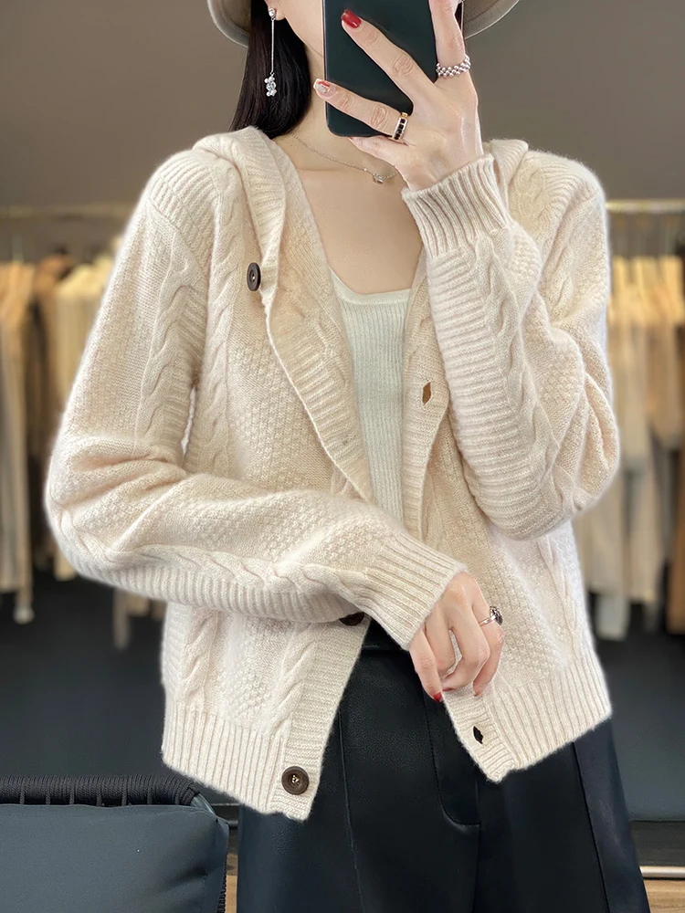 Addonee Women\'s Cardigan Autumn Winter High Quality Soft 100% Merino Wool Sweater Twist Flower Cashmere Knitted Hoodie Korean