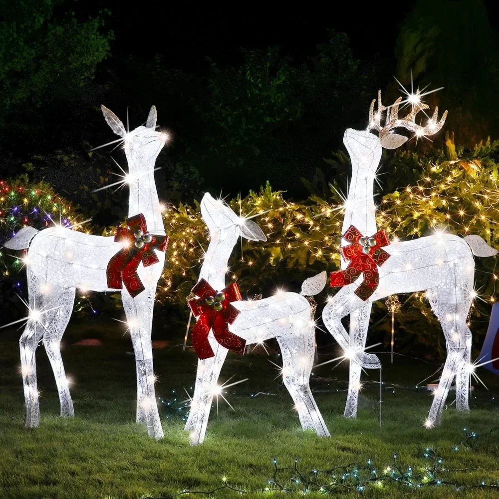 

Christmas Yard Decoration, Set of 3 Pre-lit White Reindeer with 265 LEDs White Lights, 3D Light Up Glittered Standing Reindeer