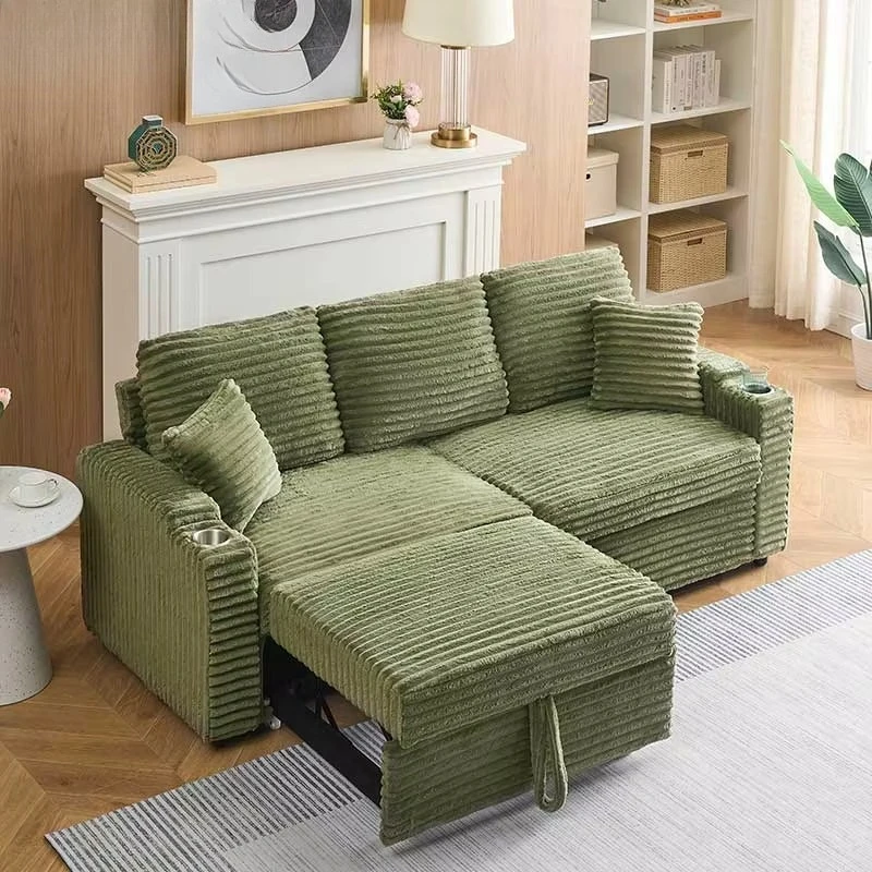 80-Inch two-in-one corduroy sofa, pull-out foldable hidden recliner