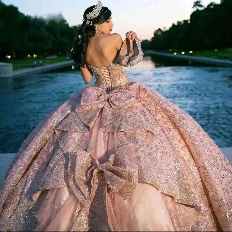 Rosa Quince anera Kleider Ballkleid für süße 16 Applikationen Perlen Bogen Pailletten Abschluss feier Prinzessin Vestidos de 15 Quinceañera