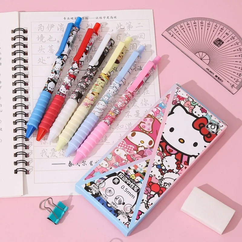 6pcs/set Cute Cartoon Hello Kitty Retractable Pen The 0.5 Mm St Head Black Quick-dry Smooth Maiden Do Homework Pupil Gel Pen