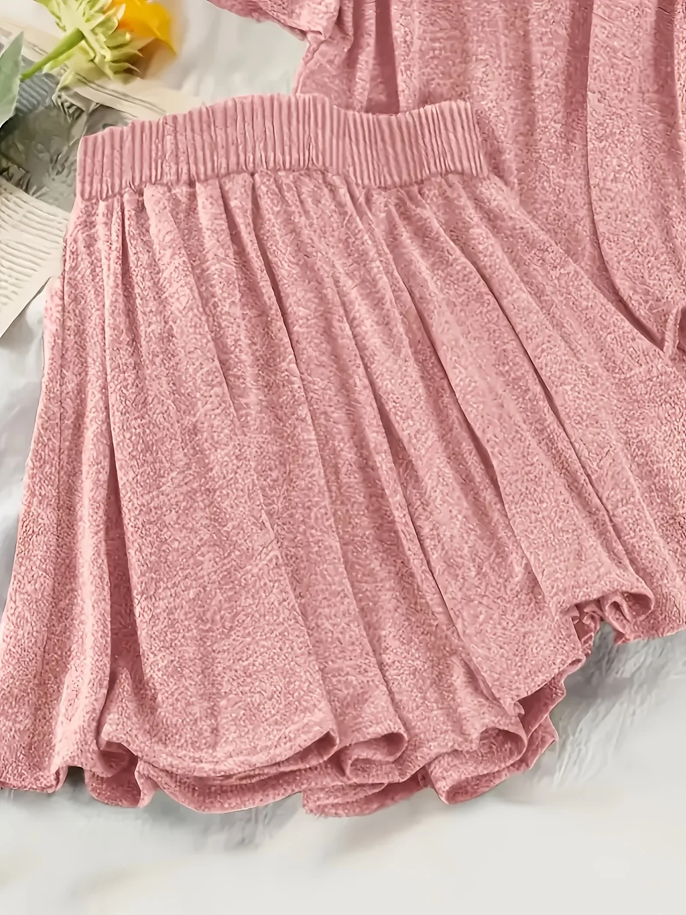 بدلة نسائية كاجوال بغطاء للرأس وأكمام قصيرة - خصر برباط بلون سادة، بذلة فضفاضة مع تفاصيل مضلعة #6