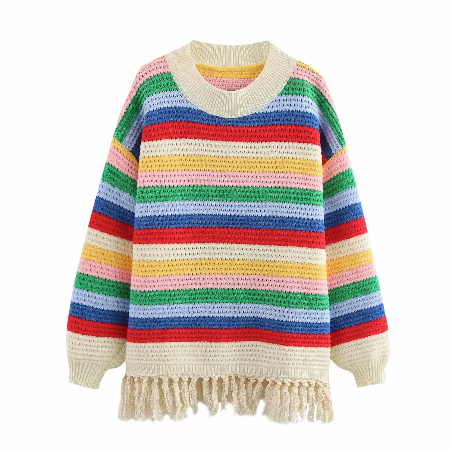 

Весна-Осень 2025: Женский вязаный топ с длинным рукавом, круглым вырезом, цветными блоками, универсальный, модный, в уличном стиле, из полиэфирного волокна