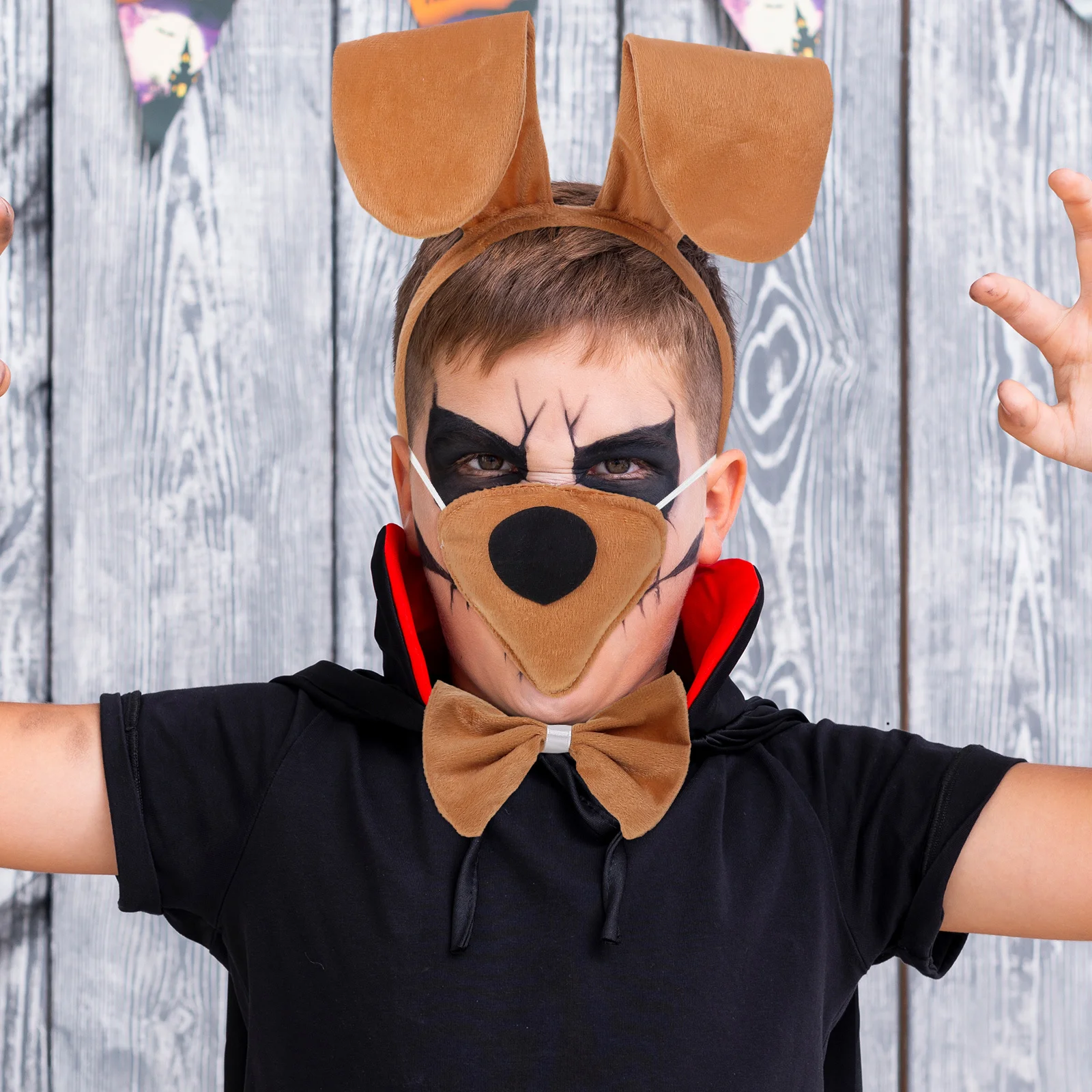 1Set Kids Puppy Kostuum Zachte Comfortabele Hond Oren Hoofdband Neus Staart Strikje Halloween Party Dress Up Animal Cosplay Set