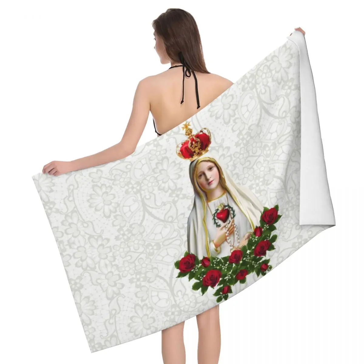 

Custom Our Lady Of Fatima Virgin Mary Beach Towel Portugal Rosary Catholic Breathable Microfiber Bathroom Towels