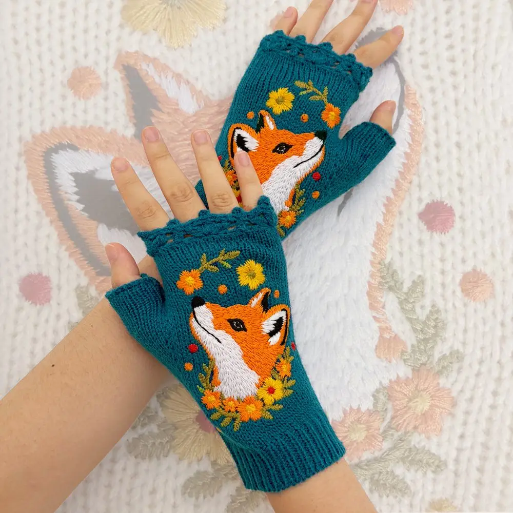 Vintage Embroidery Knitted Gloves Embroidered Floral Thick Winter Wool Gloves Half Finger Korean Style Crochet Flower Mittens