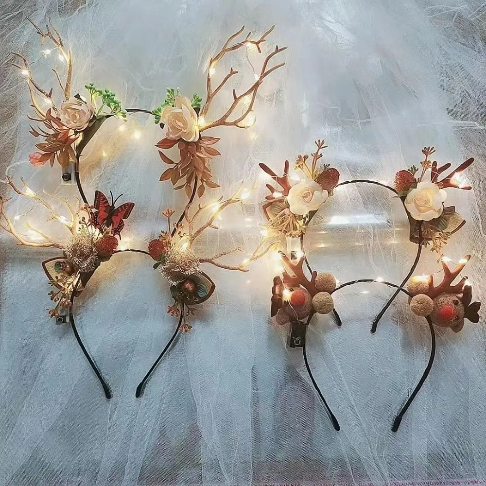 Simple LED Christmas Hair Hoop Creative Luminous Deer Ear Antler Flower Headband Party Dress Up Glowing Headband for Women