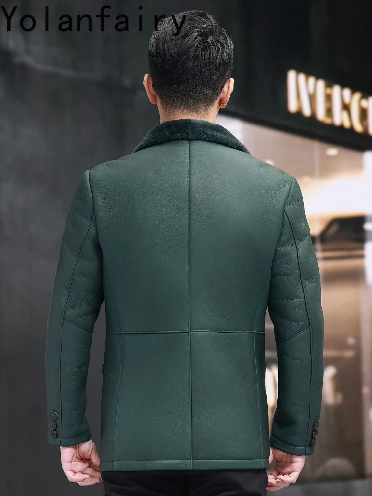 Yolanfairy jaquetas de pele de carneiro originais de alta qualidade para homens inverno casaco de pele de cordeiro merino verde escuro jaqueta de couro genuíno