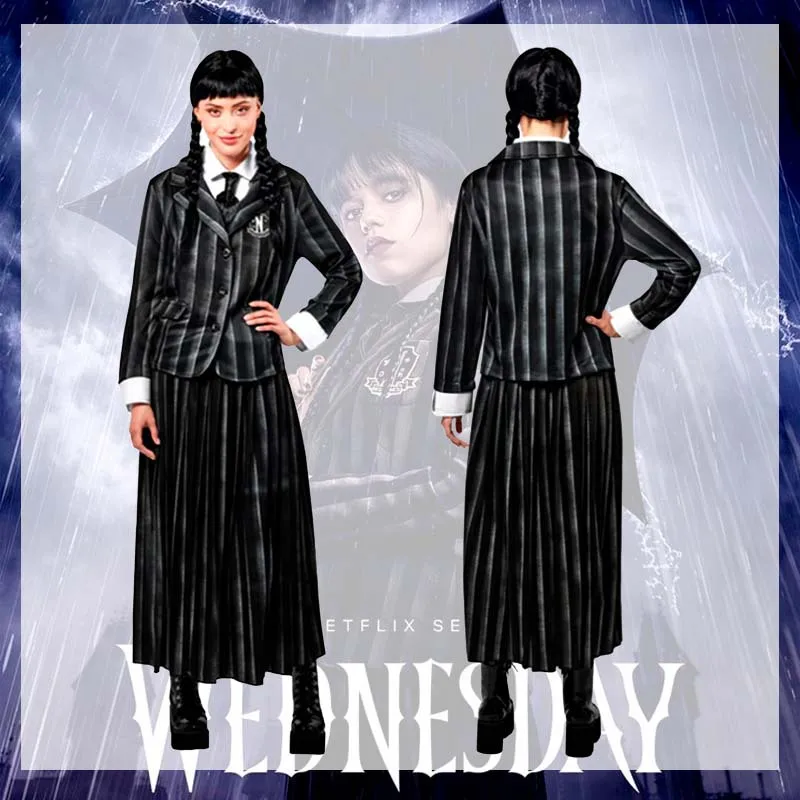 

Wednesday Addams Family Cosplay Costume Women Striped Tie School Uniform Coat Vest Shirt Skirt Full Set Halloween Party Clothes