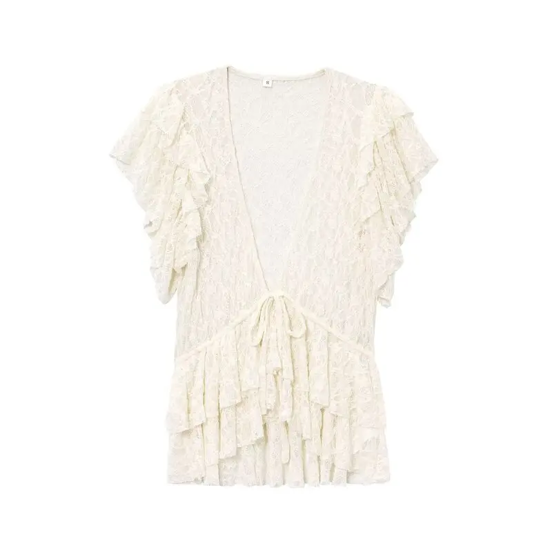 Spring 2025 Women's Faion  Knot Lace V-ne ort Sve Jaet Versatile Outerwear Ele Sle New Arrival